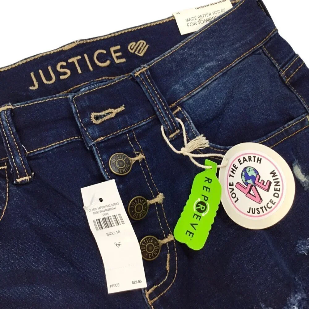 Justice Denim Jeans NWT High Rise Jegging Size 16 Repreve Distressed Dark Wash